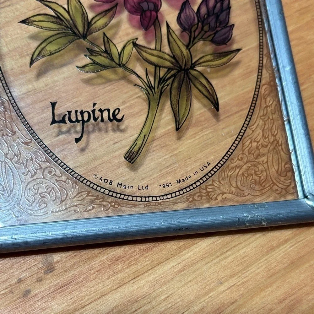 Vintage Lupine Floral Art Painted‎ Glass Sun Catcher w/ Metal Border 5.25